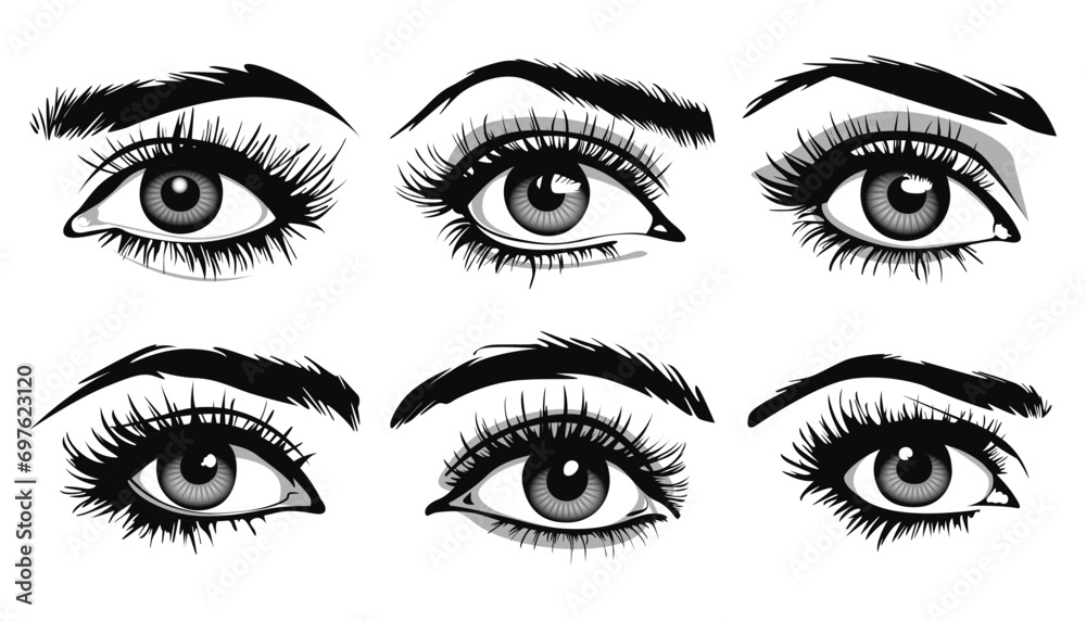 Beautiful female eyes with big lashes and eyebrows. Eyeliner glamour makeup. Icon set
