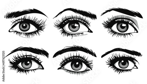 Beautiful female eyes with big lashes and eyebrows. Eyeliner glamour makeup. Icon set
