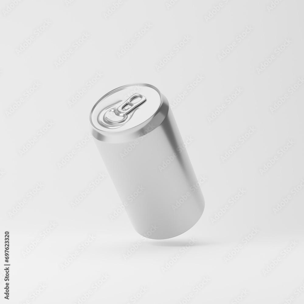 Falling blank aluminum soda can isolated over white background. Mockup template. 3d rendering. Falling blank aluminum soda can isolated over white background. Mockup template. 3d rendering.