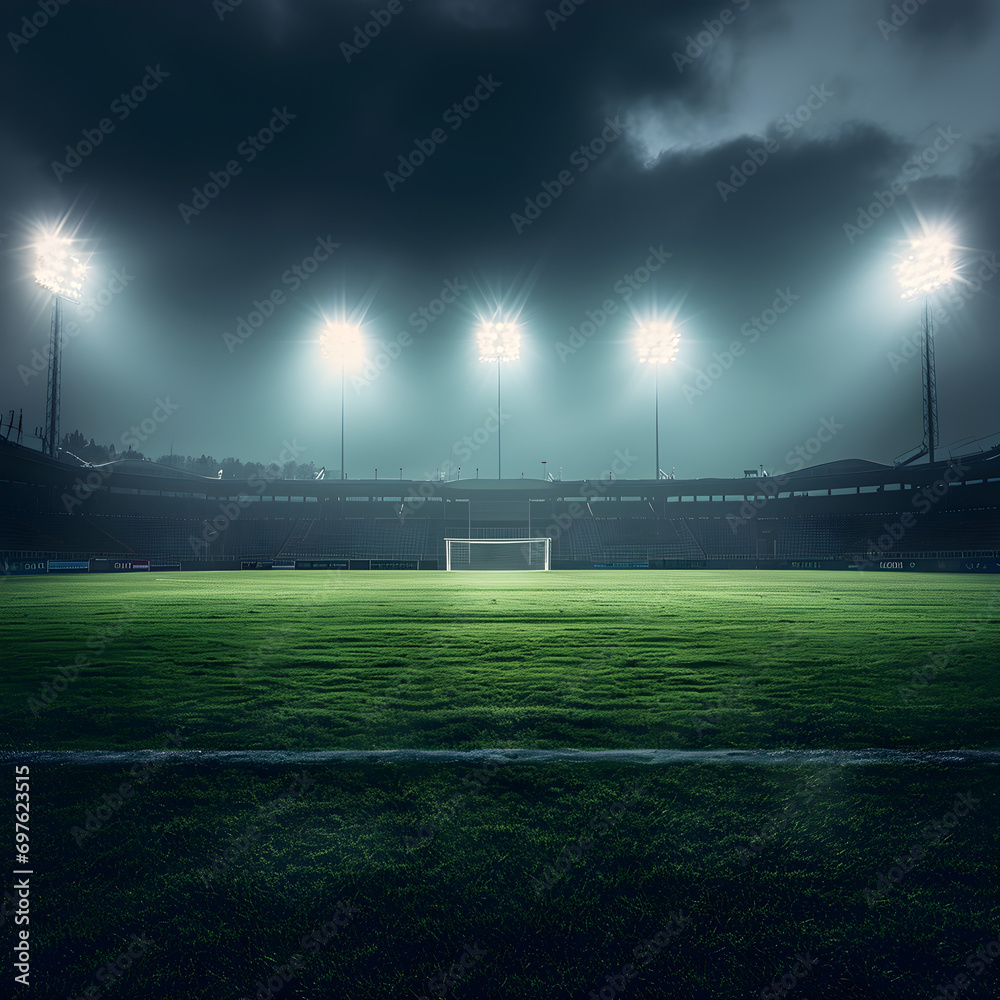 Empty Soccer Stadium Under Night Skies: Dimly Lit Arena with Shadows on Pitch, Concept of Anticipation and Unseen Athletic Battles - Dramatic Sports Empty Soccer Stadium Under Night Skies: Dimly Lit Arena with Shadows on Pitch, Concept of Anticipation and Unseen Athletic Battles - Dramatic Sports