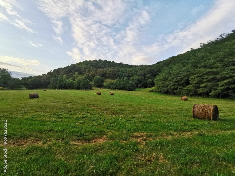 A lush green field stretches out, dotted with golden hay bales that stand out in the foreground.