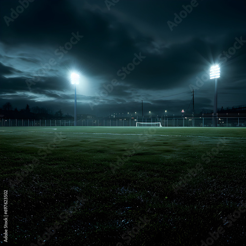 Illuminated Empty Soccer Field at Night: Eerie and Atmospheric Scene with Wet Grass and Dark Cloudy Sky - Concept of Mystery, Suspense, and Sports Solitude