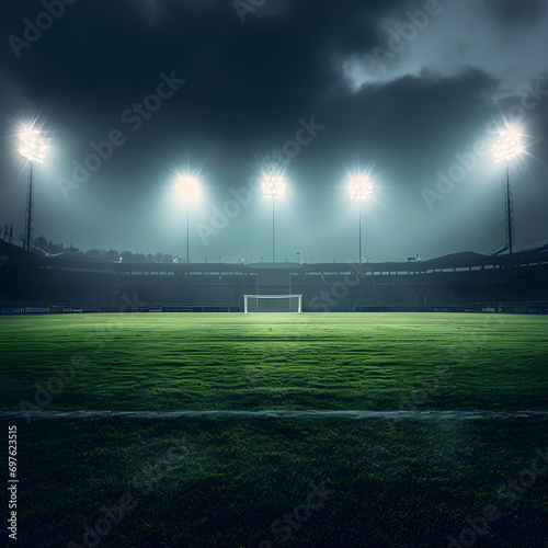 Empty Soccer Stadium Under Night Skies: Dimly Lit Arena with Shadows on Pitch, Concept of Anticipation and Unseen Athletic Battles - Dramatic Sports