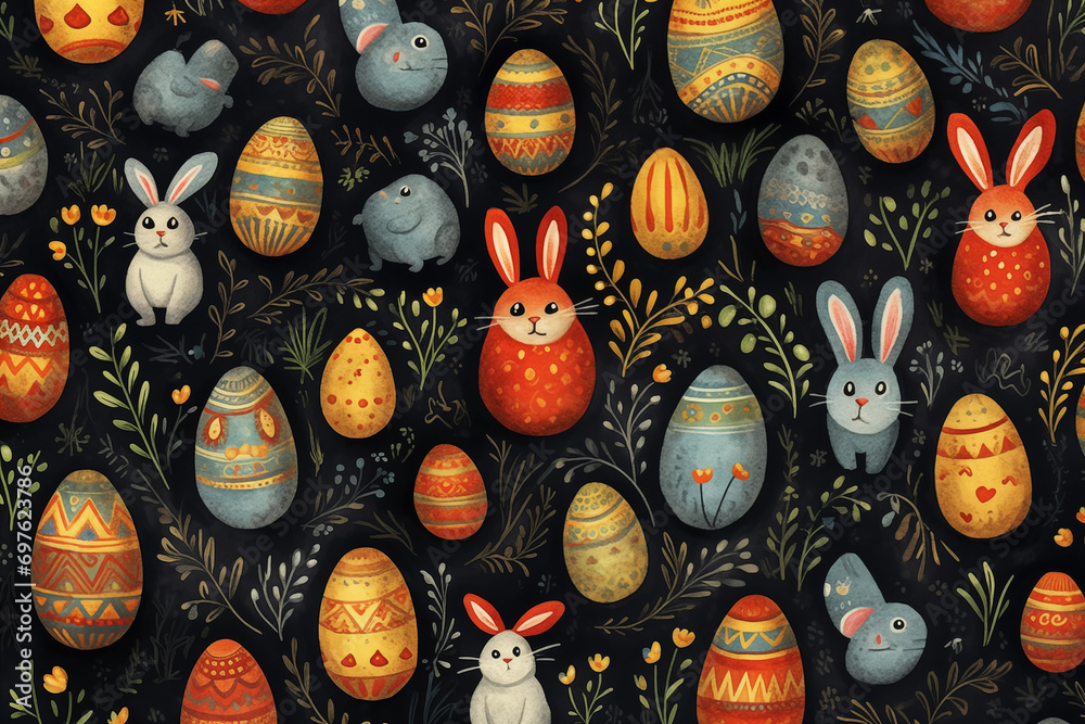 The cute Easter eggs and rabbit pattern on a background is ideal for gift wrapping paper, poster,backgrounds, and other high-quality prints.