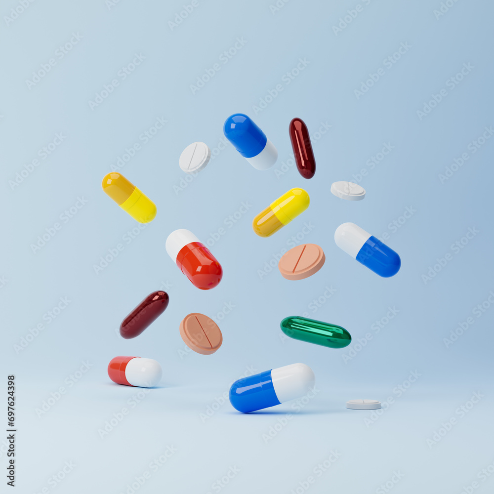 Falling medicine pills and antibiotics isolated over blue background. Healthcare and medical concept. 3D rendering. Falling medicine pills and antibiotics isolated over blue background. Healthcare and medical concept. 3D rendering.