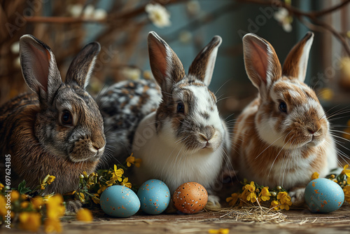 Eggs and bunnies mark the arrival of Easter, commemorating the resurrection of Jesus and spring.for backgrounds screens greeting card or other High quality printing projects.