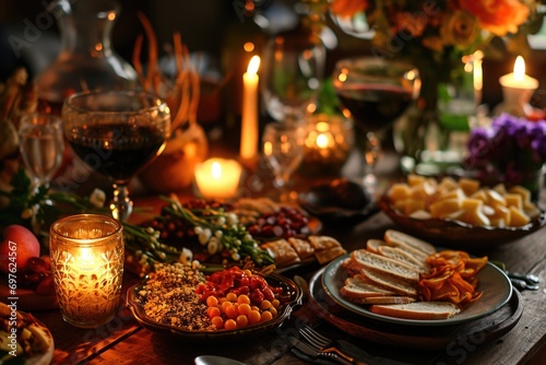 A joyous Purim celebration is captured in this image  featuring a table laden with traditional foods and wine  with candles casting a soft  inviting glow over the festive spread