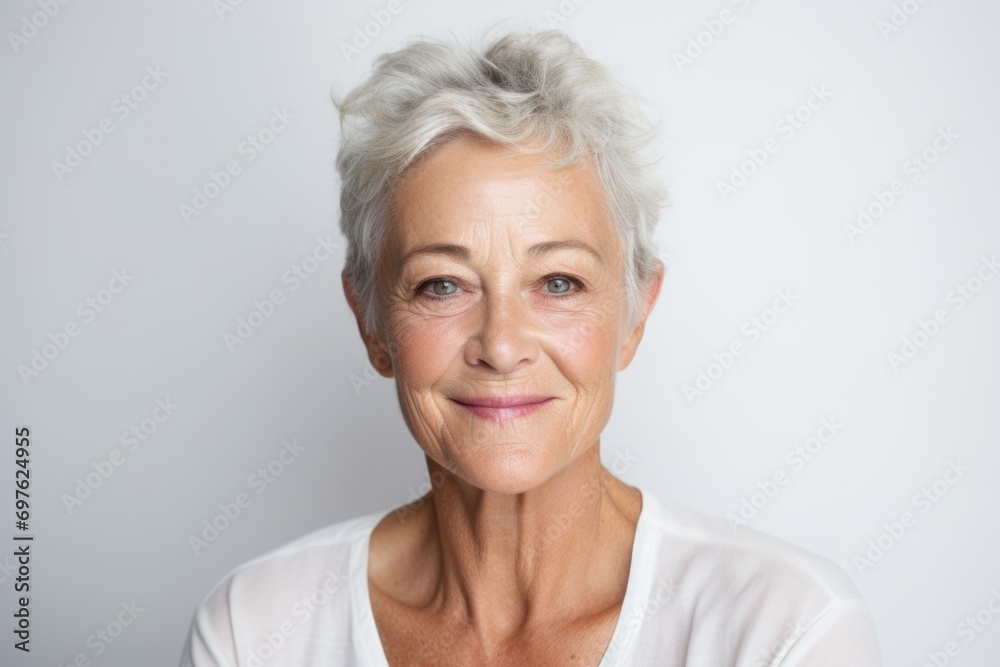 A smiling elderly woman, full of joy, brings warmth and positivity to a backdrop of pristine white