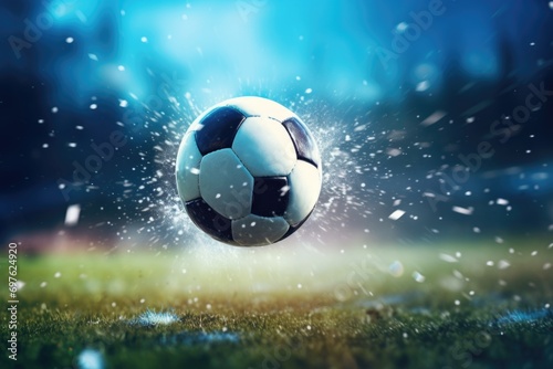Zooming in on the majestic flight, this close-up photo freezes the soccer ball in mid-air, showcasing its trajectory over the soccer field, creating a sense of freedom and excitement