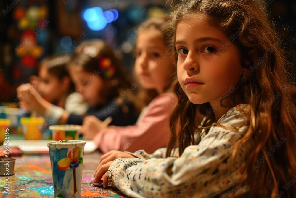 Kids actively engaged in a Purim-inspired arts and crafts workshop, unleashing their creativity Kids actively engaged in a Purim-inspired arts and crafts workshop, unleashing their creativity