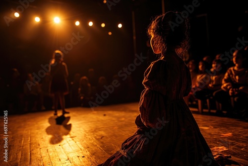 photograph of teenagers performing a Purim play in costume, under the spotlight on a small theater photo