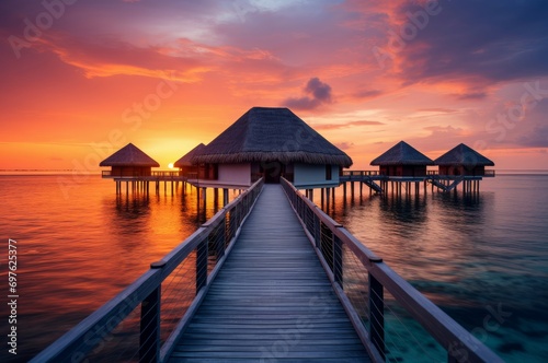 Enchanting Maldives ocean beach sunset. Nature sand. Generate Ai