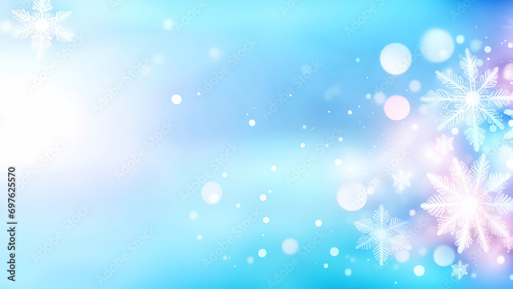 Christmas blurred light blue background with white snowflakes and bokeh lights. New Year, winter holidays banner for design.Generative AI Christmas blurred light blue background with white snowflakes and bokeh lights. New Year, winter holidays banner for design.Generative AI