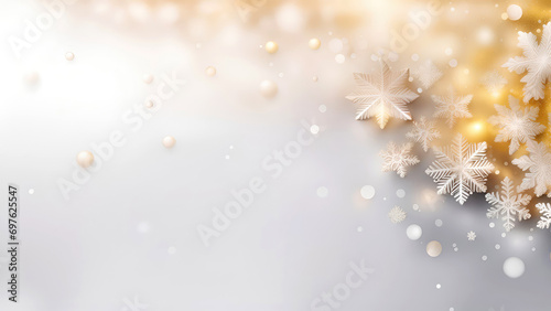 Christmas blurred background with white snowflakes and golden garland lights. New Year, winter holidays banner for design.Generative AI 