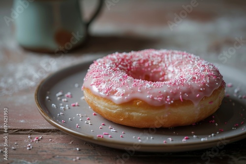 A glazed donut on a grey plate with pink and white sprinkles.