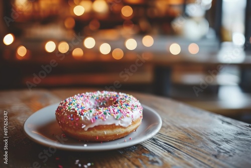 A donut on a grey plate with glaze and colourful sprinkles.