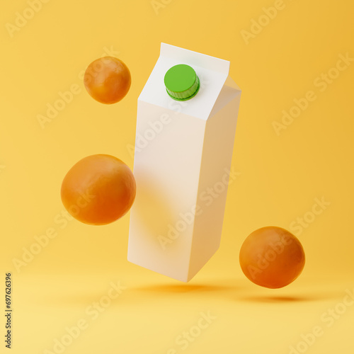 Falling juice carton pack with oranges isolated over yellow background. Mockup template. 3d rendering.