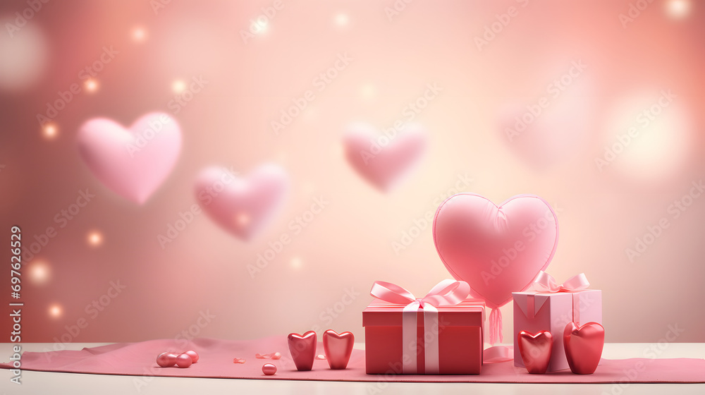 Romantic Pink Hearts Floating in the Air with Red Gift Boxes on Table - Love and Celebration Concept
