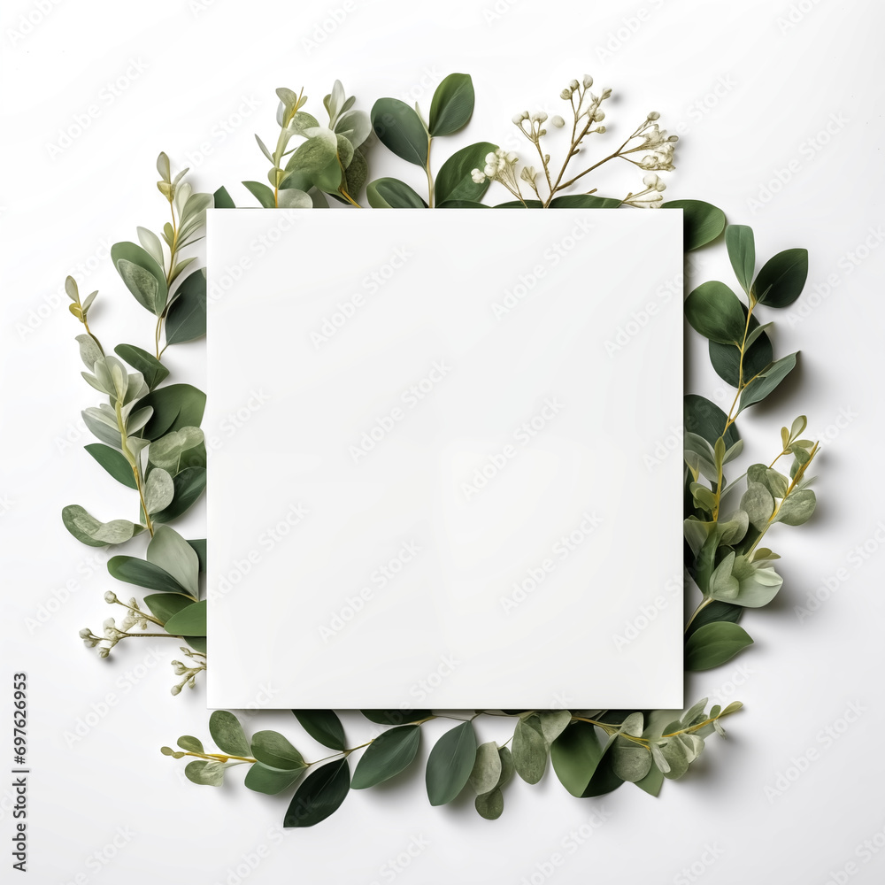 green leaf wreath or picture invitation greeting card mockup wit - obrazy, fototapety, plakaty 