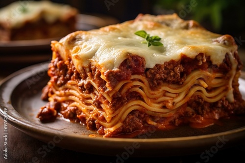 A baked Italian dish made with layers of pasta, ground meat, tomato sauce, and cheese. Generative AI