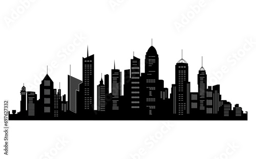 Black cities silhouette collection. Horizontal skyline set in flat style isolated on white. Cityscape with windows  urban panorama of night town.