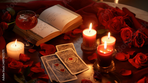 Enchanting Image Of Still Life In Red Tones With Tarot Cards, Glass Of Wine, Red Roses, Mysterious Book And Candles On The Table. Concept Of Love Fortune Telling For The Valentine's Day. photo