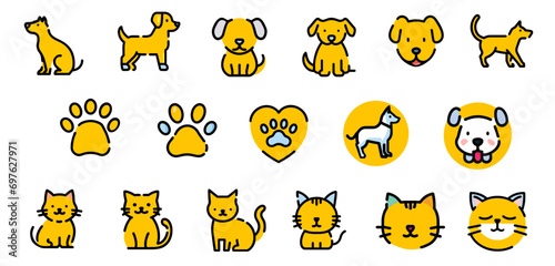 Pet friendly icon set dog, cat, animals, paw cute doodle yellow