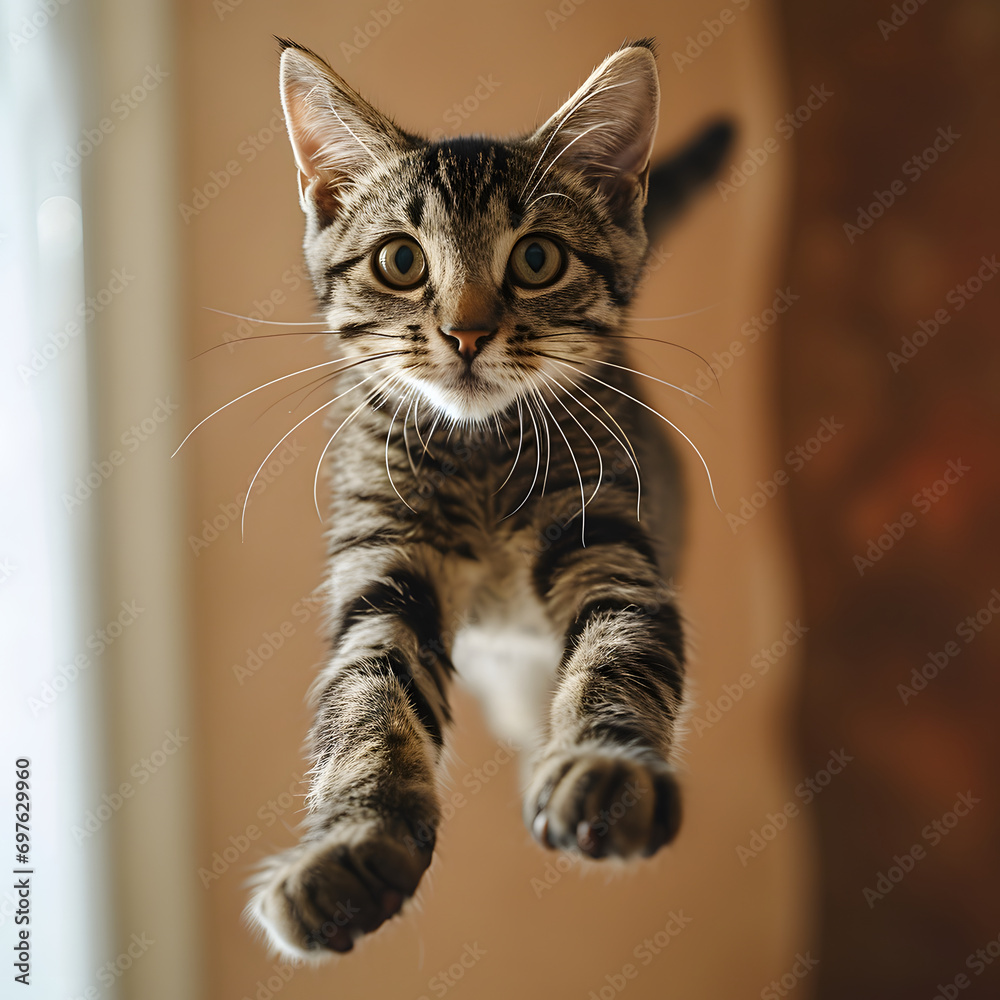 funny cat flying. photo of a playful tabby cat jumping mid-air looking at camera.