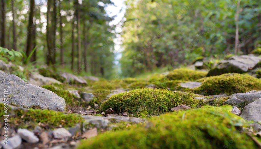 Green moss grown up cover the rough stones and on the floor in the forest. Generated with AI Green moss grown up cover the rough stones and on the floor in the forest. Generated with AI