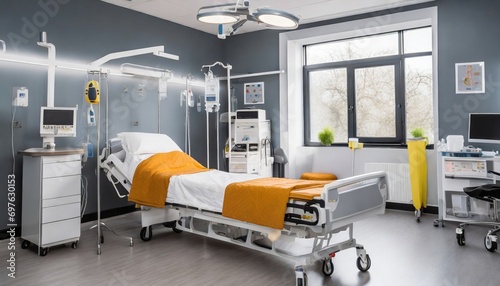 Recovery room with bed and comfortable medical equipped in a hospital. Generated with AI