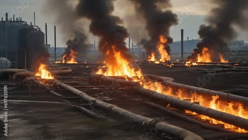 The gas pipe has been destroyed, causing a fire—possibly due to sabotage or malfunction.. Generated with AI