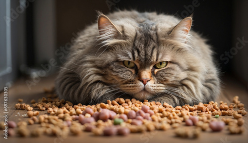 Gluttony cat. A fluffy well-fed cat lies among the many pellets of cat food.