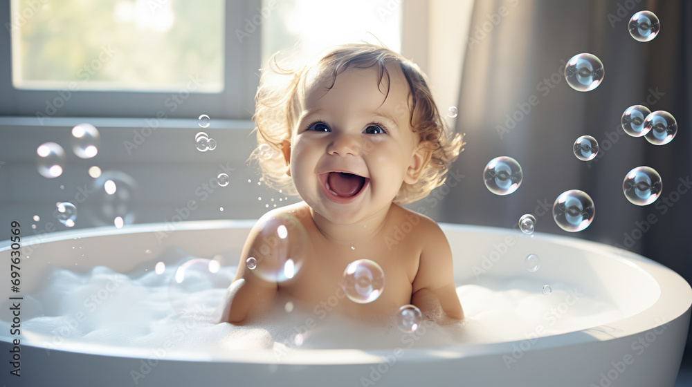 A happy baby laughing in the bathtub. A baby happy bath time. Generative Ai. A happy baby laughing in the bathtub. A baby happy bath time. Generative Ai.