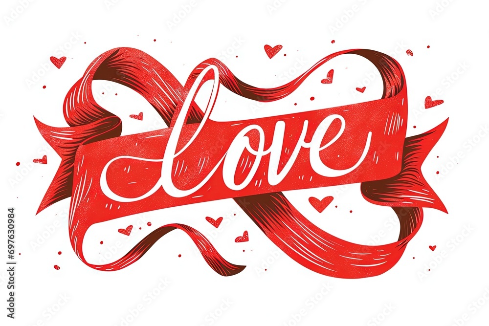 Red ribbon with text "love" calligraphy and lettering, valentine's day and romance concept, vector art and illustration, isolated on white background - obrazy, fototapety, plakaty 