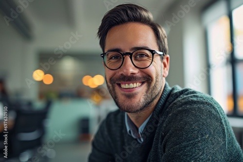 Approachable professional man with glasses smiling in an office setting, great for corporate and business themes.