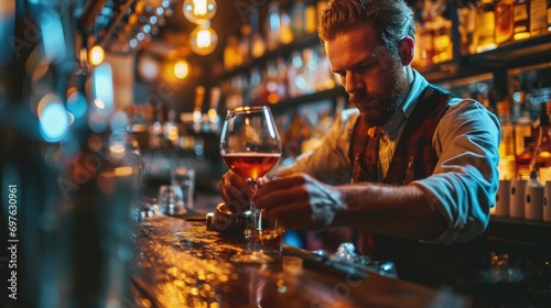 Bartender Enjoying a Glass of Wine at the Bar photo