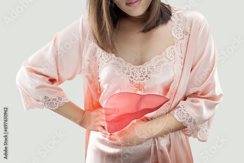 The Photo Of Liver On Woman's Body Against Gray Background, Hepatitis, Concept with Healthcare And Medicine