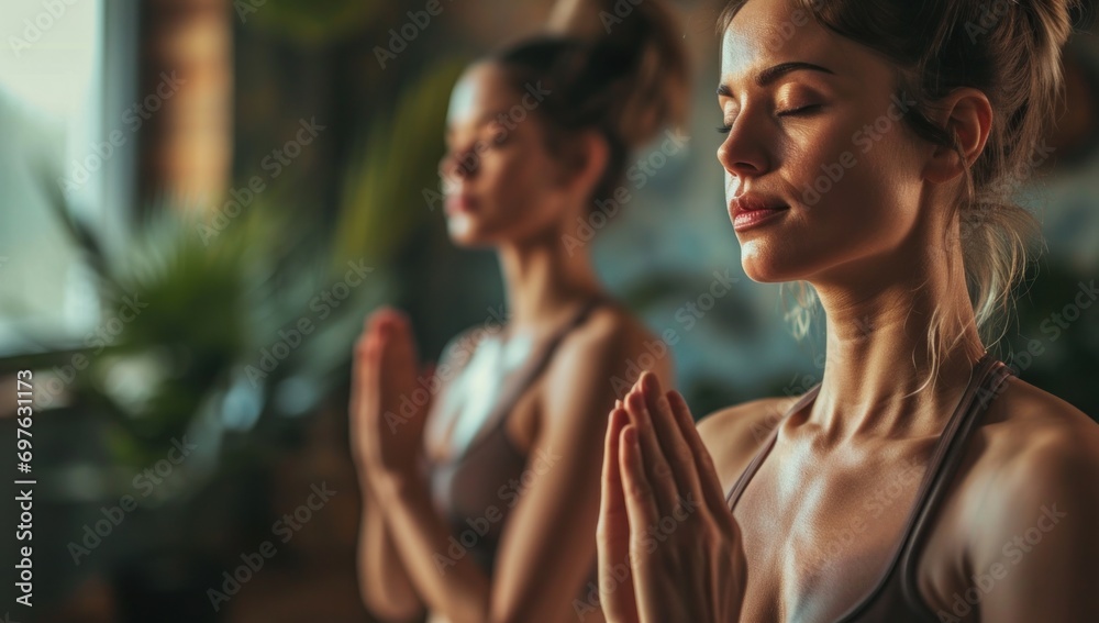 Yoga woman meditating and practicing yoga at home. Recreation, self care, yoga training, fitness, breathing exercises, meditation, relaxation, healthy lifestyle, mindfulness concept - obrazy, fototapety, plakaty 