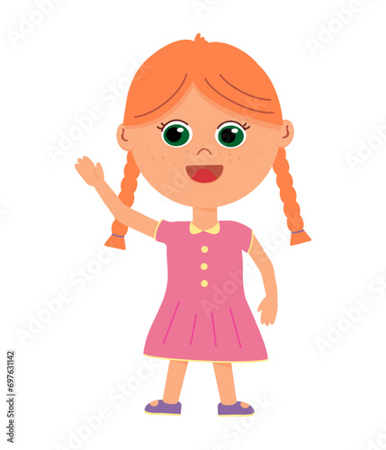 Cute little red girl characters vector. Kid happy, smile. child illustration