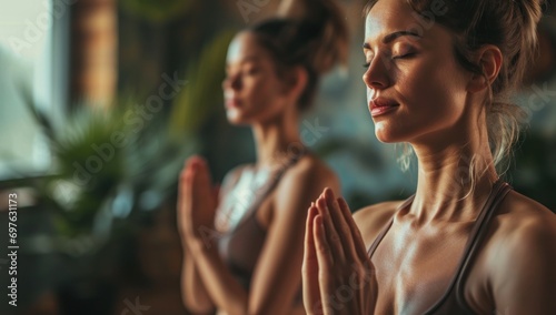 Yoga woman meditating and practicing yoga at home. Recreation, self care, yoga training, fitness, breathing exercises, meditation, relaxation, healthy lifestyle, mindfulness concept photo