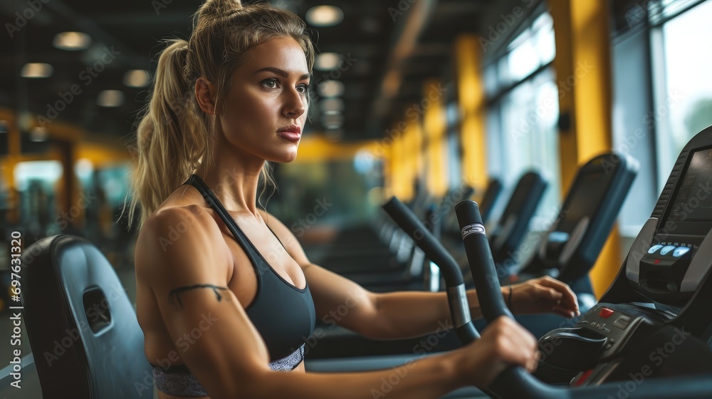 Woman Exercising on Treadmill in a Modern Gym