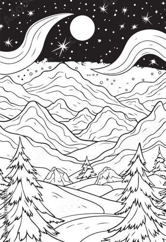 snowy starry night with snow coloring page