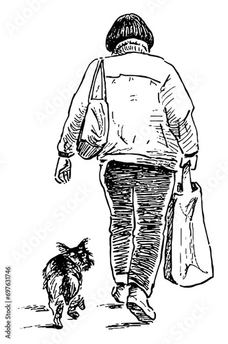 Hand drawn illustration of back view casual passerby city woman walking with small lap dog outdoors and carrying bag