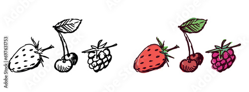 Hand drawn illustration of sweet juicy ripe strawberries, cherries and raspberries isolated on white 