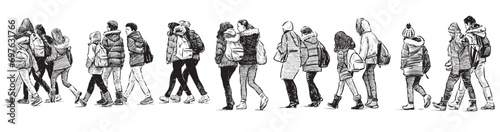 Hand drawn vector illustration of group of teenage schoolchildren with backpacks walking in crowd together on excursion