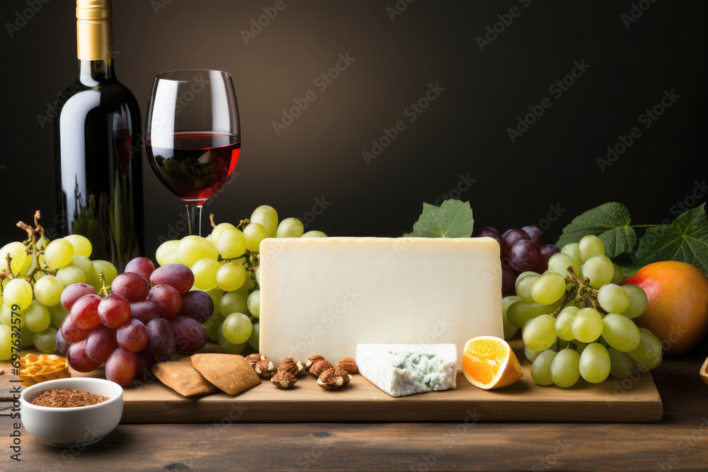 Still life with wine, cheeses and fruits on a dark background.