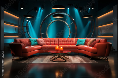talkshow studio with lighting equipment and a couch photo