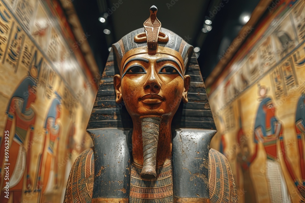 egyptian mummy on a colorful hieroglyphs wall background - obrazy, fototapety, plakaty 