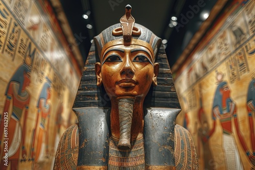 Foto egyptian mummy on a colorful hieroglyphs wall background