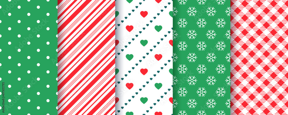 Christmas backgrounds. Seamless patterns. Set holiday textures with polka dots, candy cane stripes, snowflake and plaid. Red green Xmas New year prints. Festive wrapping paper. Vector illustration